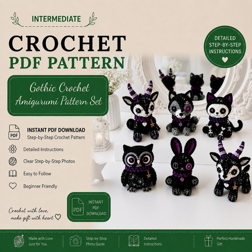 Gothic Crochet Amigurumi Pattern Set, Spooky Halloween Crochet Dolls, Creepy Cute Plushies Pattern, Goth Amigurumi PDF Digital Download