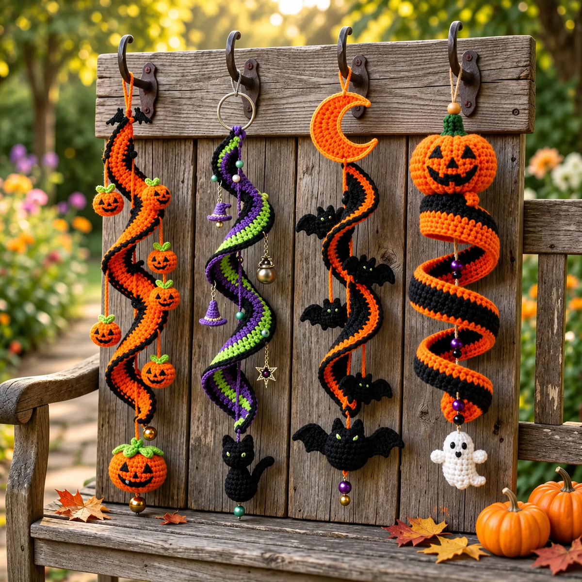 4-in-1 Halloween Crochet Wind Spinner Pattern PDF | Pumpkin Bat Witch Cat Ghost Hanging Decor | Spooky Halloween Crochet Pattern