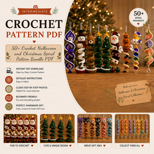 50+ Halloween & Christmas Crochet Spiral Patterns PDF | Holiday Wind Spinner Ornament Bundle | Santa Snowman Pumpkin Hanging Decor