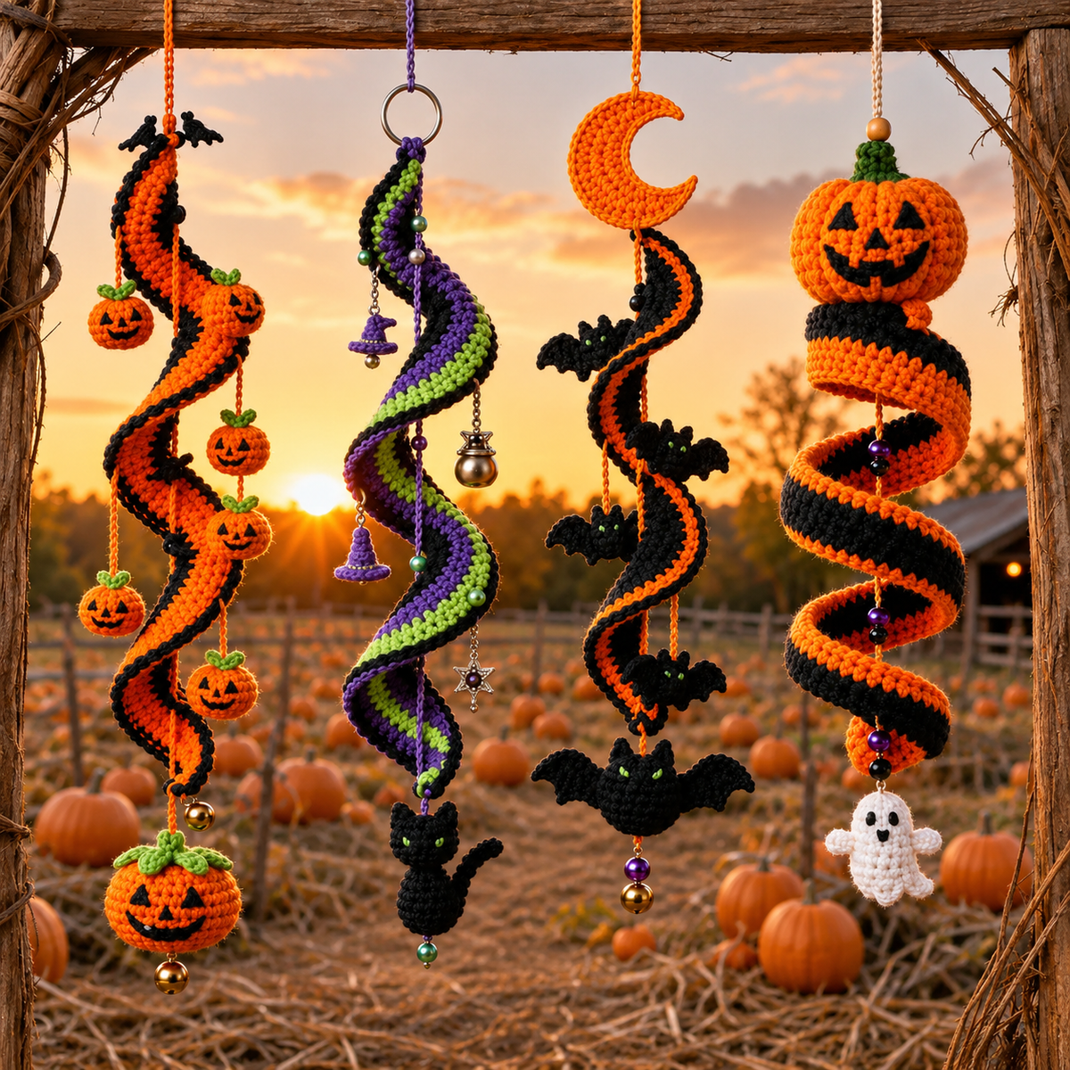 4-in-1 Halloween Crochet Wind Spinner Pattern PDF | Pumpkin Bat Witch Cat Ghost Hanging Decor | Spooky Halloween Crochet Pattern