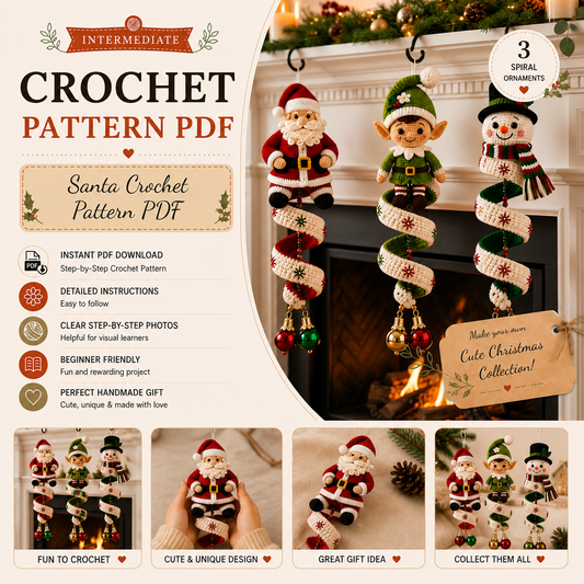 Santa Elf Snowman Crochet Pattern PDF | 3 in 1 Christmas Spiral Ornament Pattern | Christmas Crochet Hanging Decor Instant Download