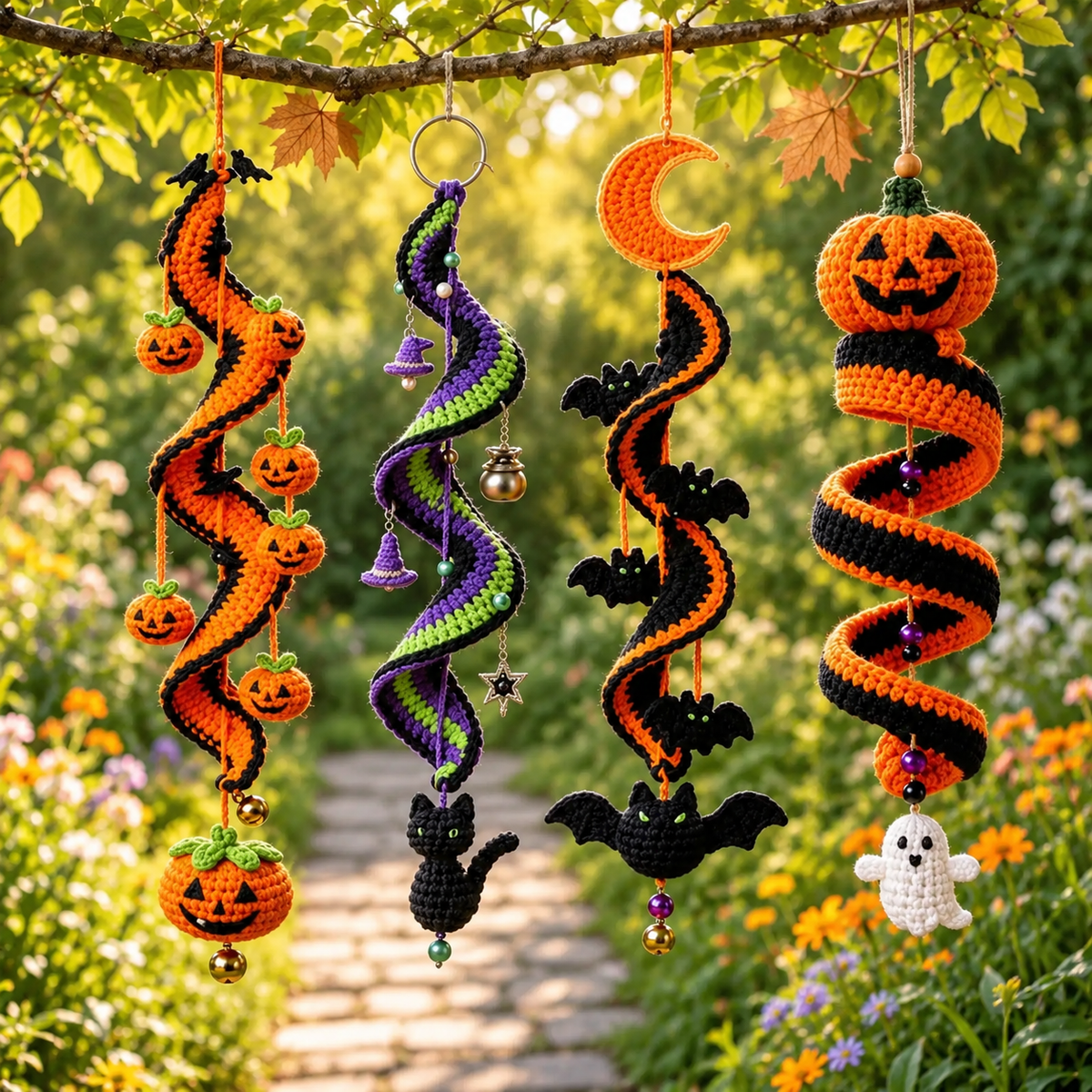 4-in-1 Halloween Crochet Wind Spinner Pattern PDF | Pumpkin Bat Witch Cat Ghost Hanging Decor | Spooky Halloween Crochet Pattern