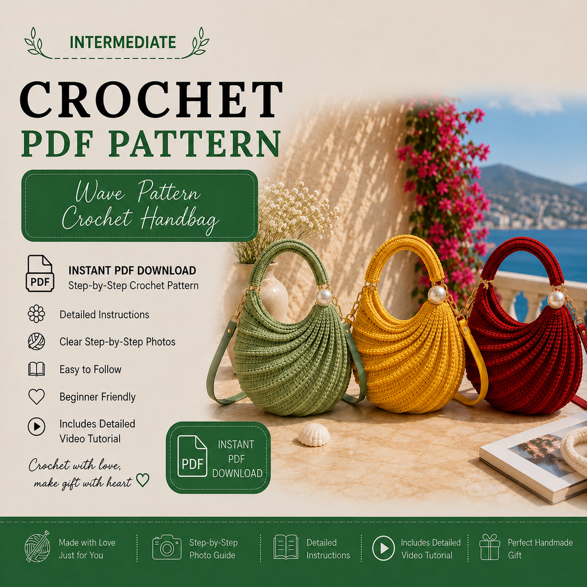 Wave Pattern Crochet Handbag PDF Pattern, Elegant Crochet Purse Tutorial, Step-by-Step Photo Guide, DIY Handmade Bag Instant Download