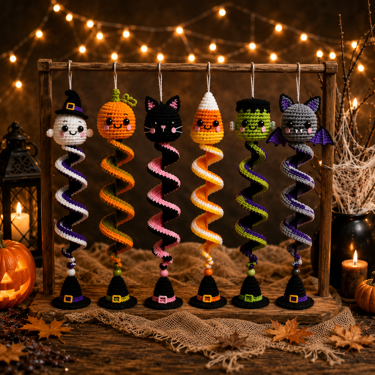 6-in-1 Halloween Spiral Ornament Crochet Pattern PDF |  Ghost Pumpkin Black Cat Candy Corn Frankenstein & Bat | Hanging Wind Spinner Decor