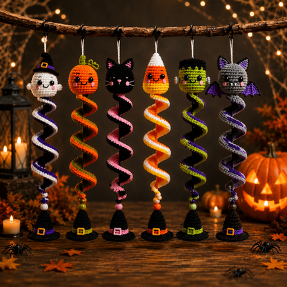 6-in-1 Halloween Spiral Ornament Crochet Pattern PDF |  Ghost Pumpkin Black Cat Candy Corn Frankenstein & Bat | Hanging Wind Spinner Decor