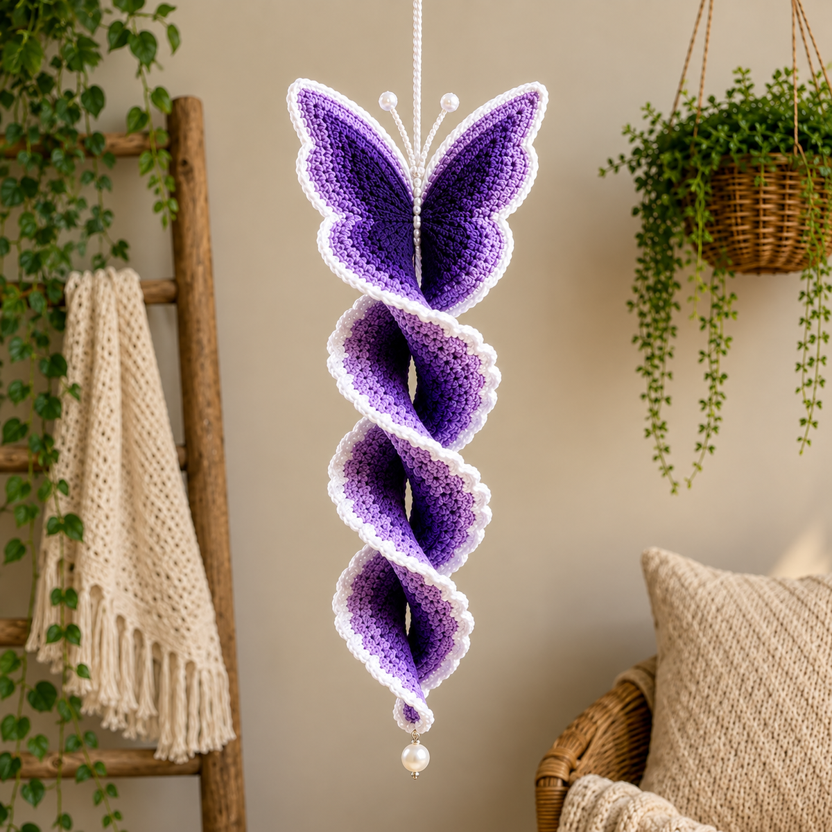 Crochet Butterfly Wind Spinner Pattern PDF | Butterfly Spiral Hanging Decor | Purple Garden Ornament | Crochet Suncatcher Pattern