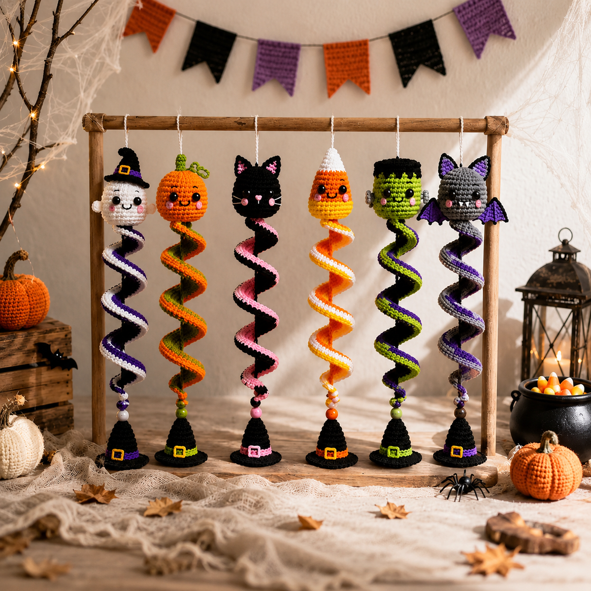 6-in-1 Halloween Spiral Ornament Crochet Pattern PDF |  Ghost Pumpkin Black Cat Candy Corn Frankenstein & Bat | Hanging Wind Spinner Decor