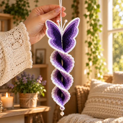 Crochet Butterfly Wind Spinner Pattern PDF | Butterfly Spiral Hanging Decor | Purple Garden Ornament | Crochet Suncatcher Pattern