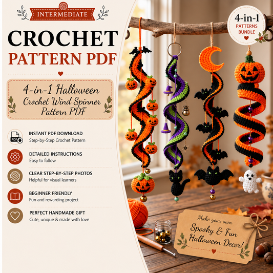 4-in-1 Halloween Crochet Wind Spinner Pattern PDF | Pumpkin Bat Witch Cat Ghost Hanging Decor | Spooky Halloween Crochet Pattern