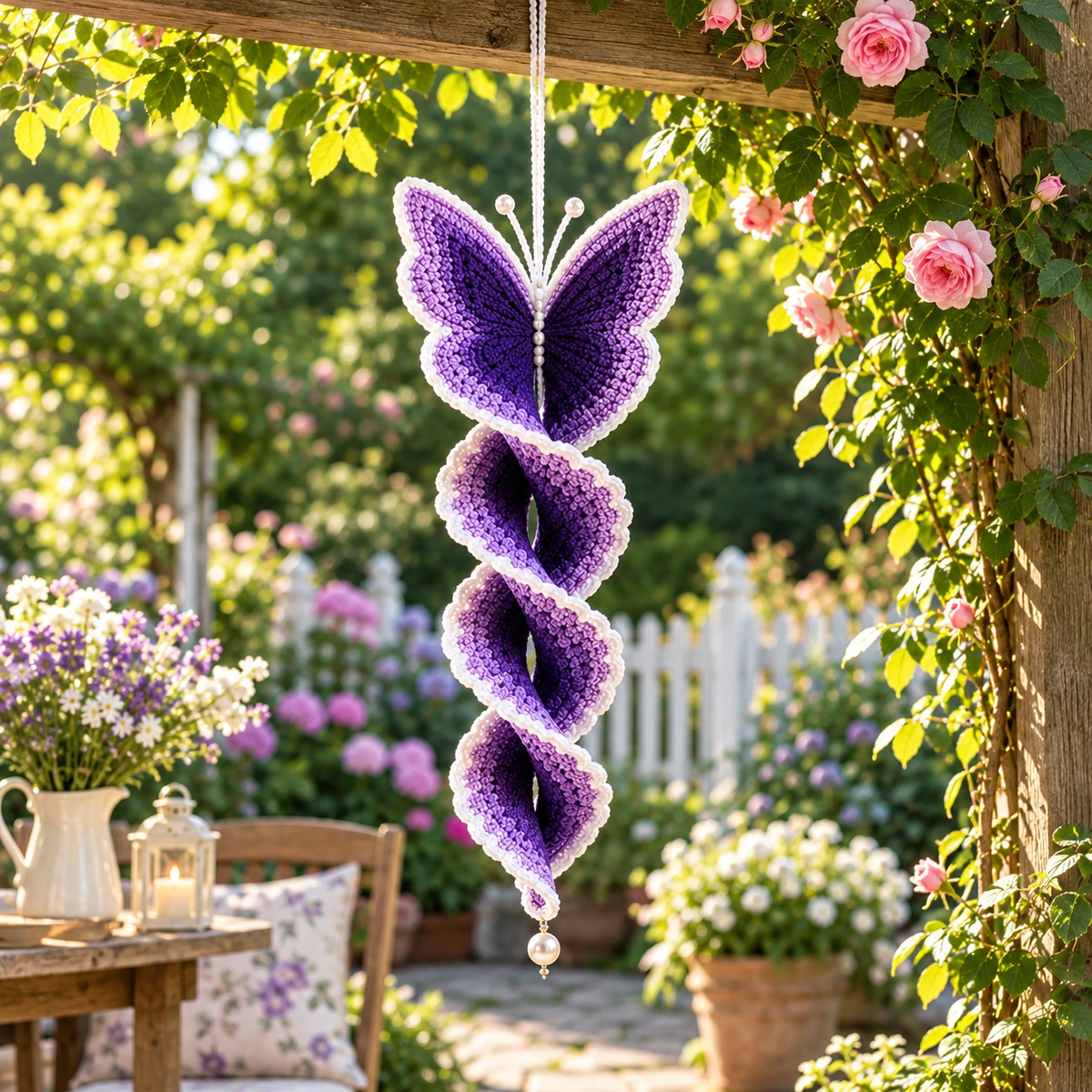 Crochet Butterfly Wind Spinner Pattern PDF | Butterfly Spiral Hanging Decor | Purple Garden Ornament | Crochet Suncatcher Pattern