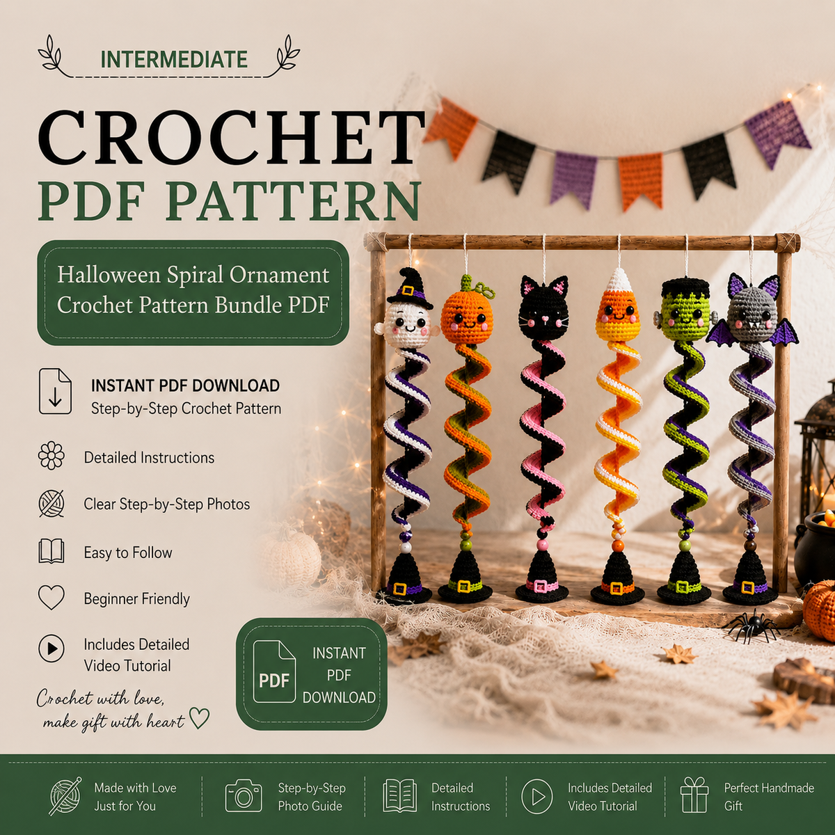 6-in-1 Halloween Spiral Ornament Crochet Pattern PDF |  Ghost Pumpkin Black Cat Candy Corn Frankenstein & Bat | Hanging Wind Spinner Decor