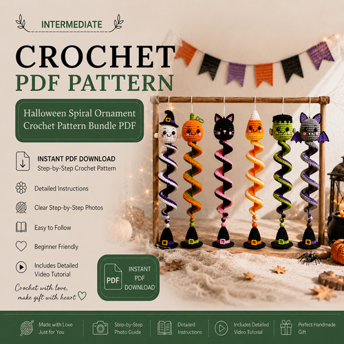 6-in-1 Halloween Spiral Ornament Crochet Pattern PDF |  Ghost Pumpkin Black Cat Candy Corn Frankenstein & Bat | Hanging Wind Spinner Decor