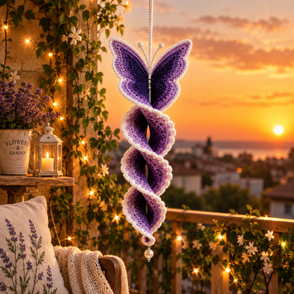 Crochet Butterfly Wind Spinner Pattern PDF | Butterfly Spiral Hanging Decor | Purple Garden Ornament | Crochet Suncatcher Pattern