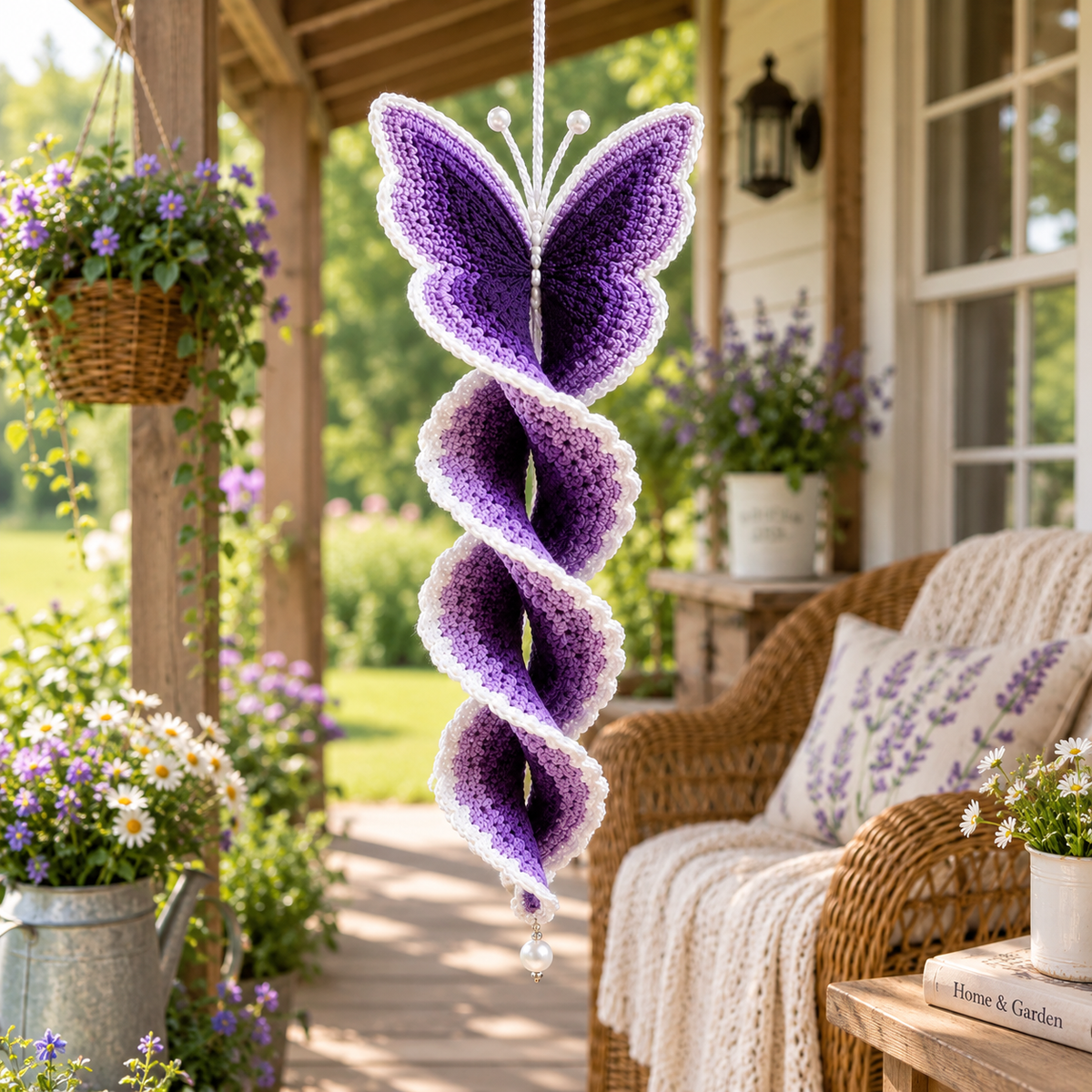 Crochet Butterfly Wind Spinner Pattern PDF | Butterfly Spiral Hanging Decor | Purple Garden Ornament | Crochet Suncatcher Pattern
