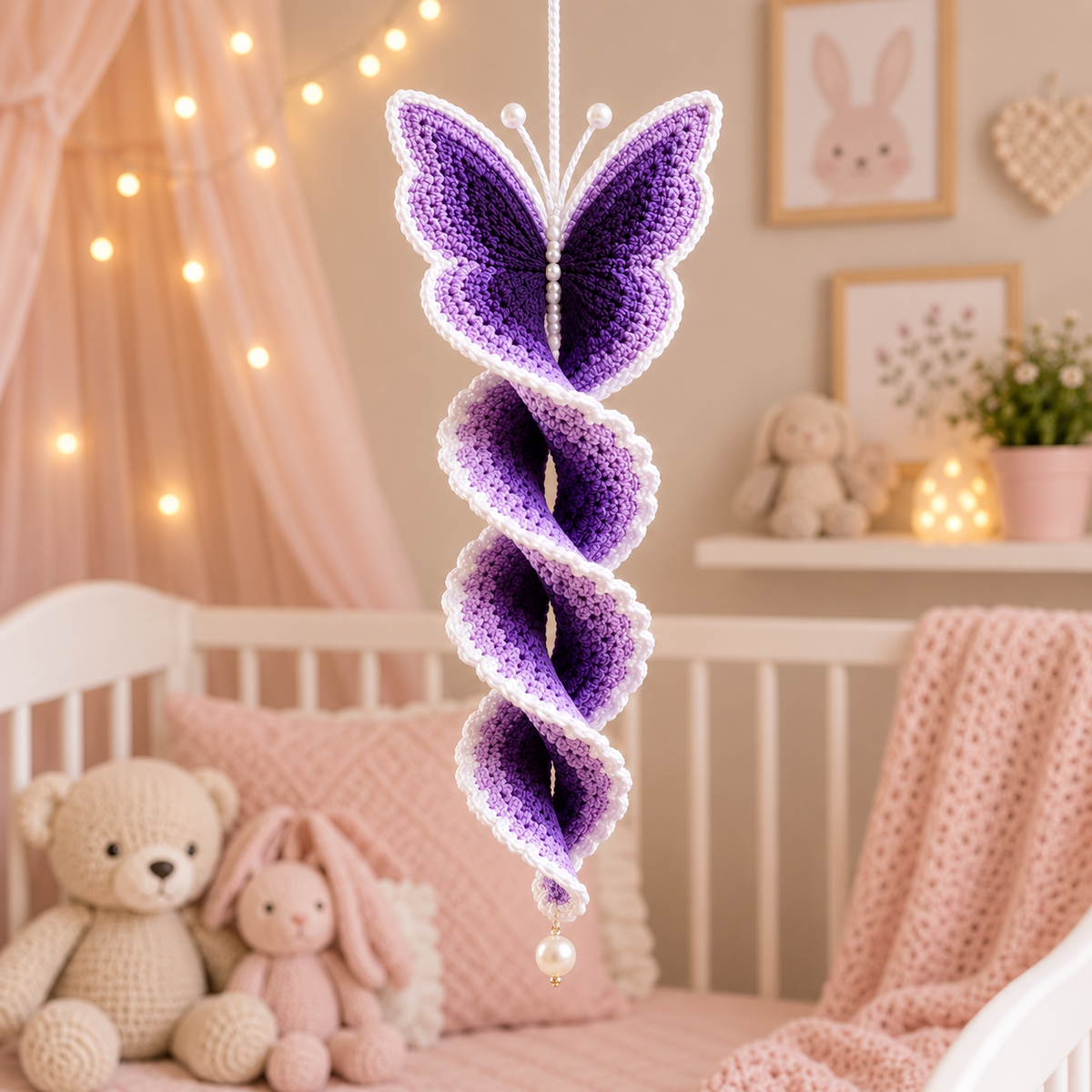 Crochet Butterfly Wind Spinner Pattern PDF | Butterfly Spiral Hanging Decor | Purple Garden Ornament | Crochet Suncatcher Pattern