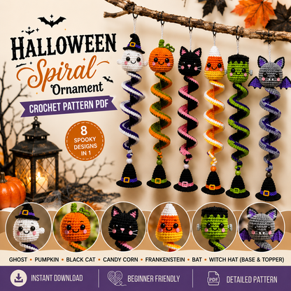 6-in-1 Halloween Spiral Ornament Crochet Pattern PDF |  Ghost Pumpkin Black Cat Candy Corn Frankenstein & Bat | Hanging Wind Spinner Decor