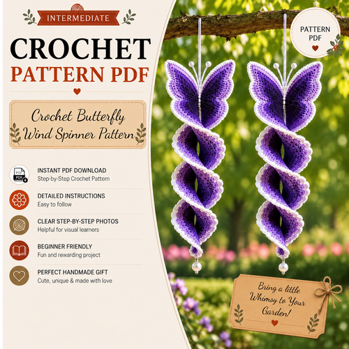 Crochet Butterfly Wind Spinner Pattern PDF | Butterfly Spiral Hanging Decor | Purple Garden Ornament | Crochet Suncatcher Pattern