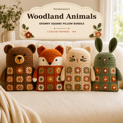 4 in 1 Woodland Animal Granny Square Pillow Crochet Pattern PDF | Bear Fox Cat Bunny Crochet Cushion |  Amigurumi Pillow Pattern Bundle