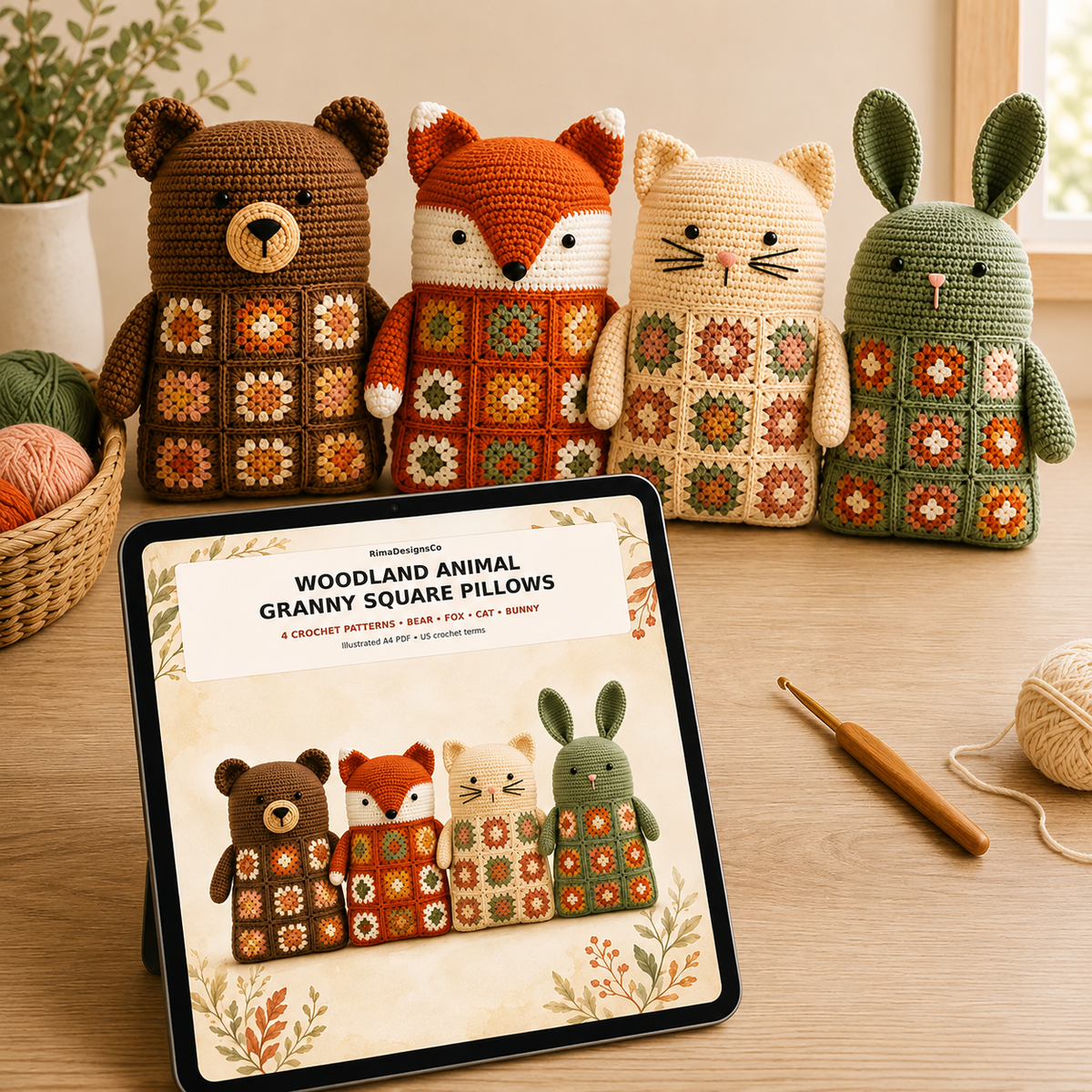 4 in 1 Woodland Animal Granny Square Pillow Crochet Pattern PDF | Bear Fox Cat Bunny Crochet Cushion |  Amigurumi Pillow Pattern Bundle
