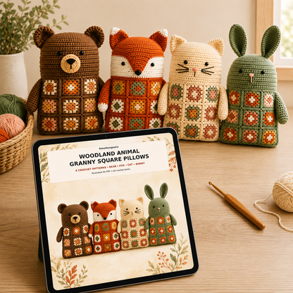 4 in 1 Woodland Animal Granny Square Pillow Crochet Pattern PDF | Bear Fox Cat Bunny Crochet Cushion |  Amigurumi Pillow Pattern Bundle