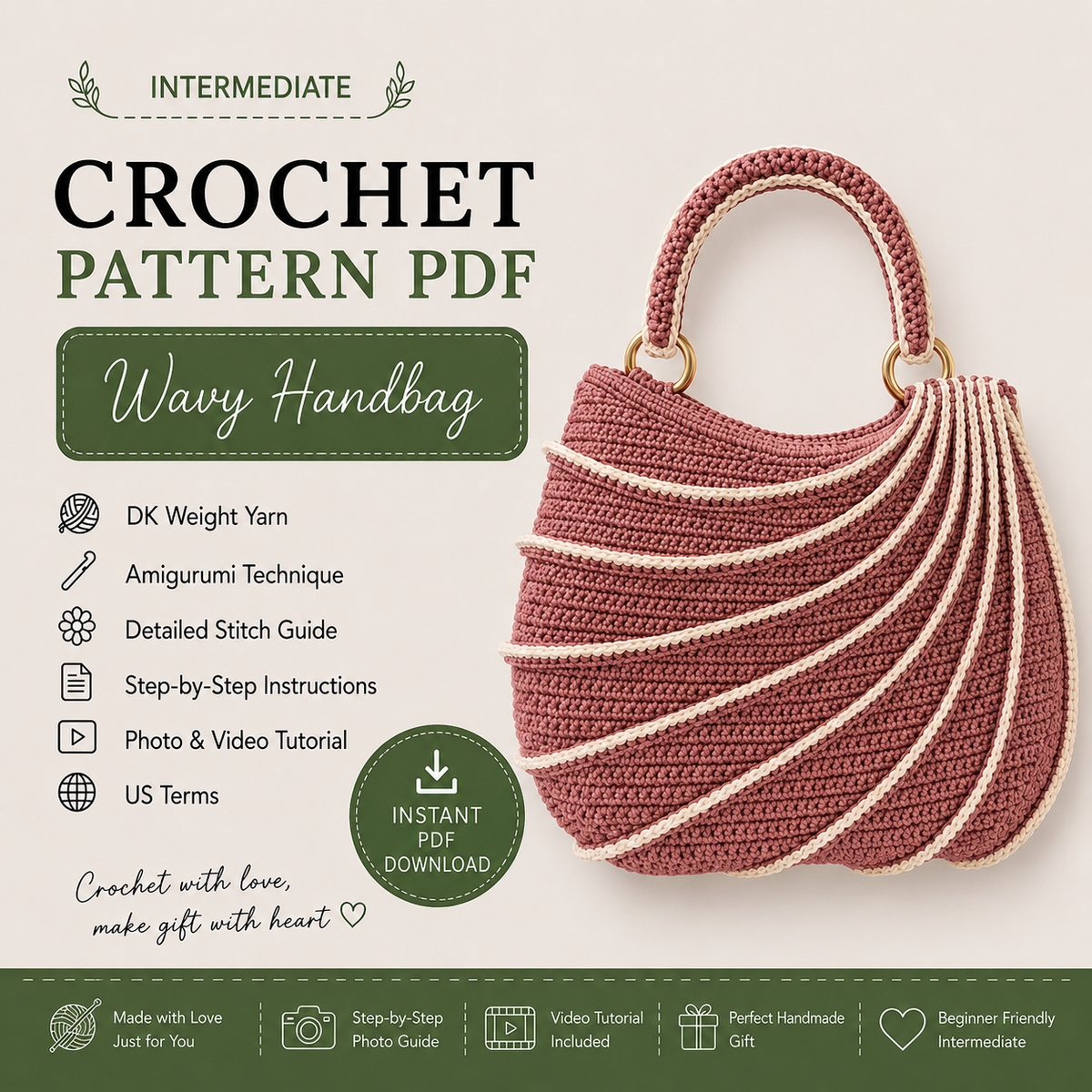 Wavy Handbag Crochet Pattern PDF, Textured Shoulder Bag Pattern, Elegant Crochet Purse Tutorial, Photo & Video Guide, Instant Download