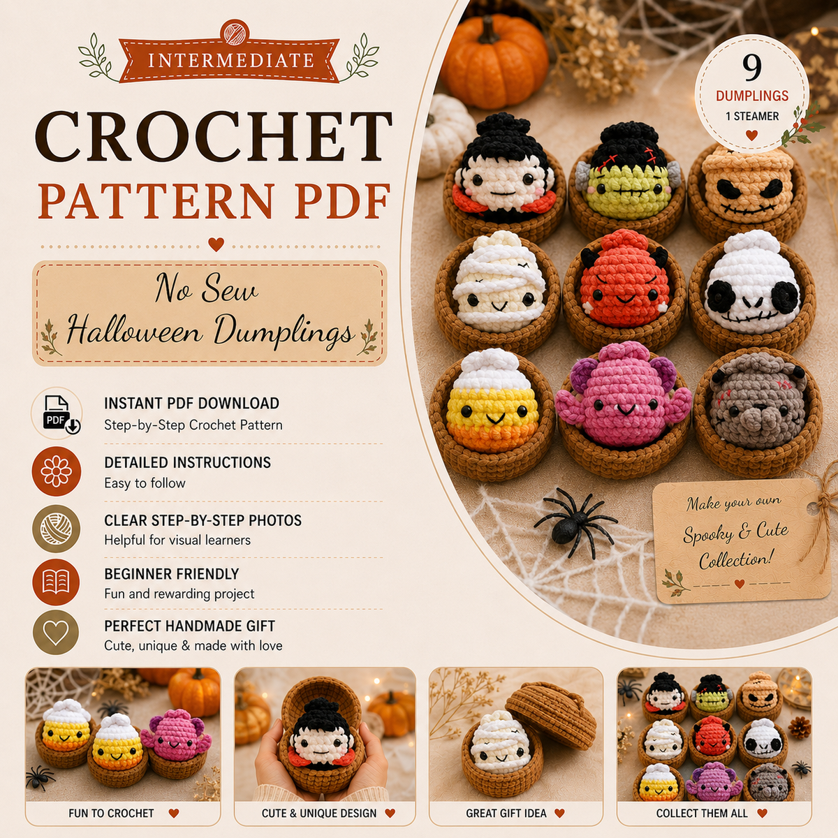 9 in 1 Halloween Dumpling Crochet Pattern PDF, No Sew Spooky Amigurumi Plushies, Cute Halloween Keychain Pattern, Instant Download