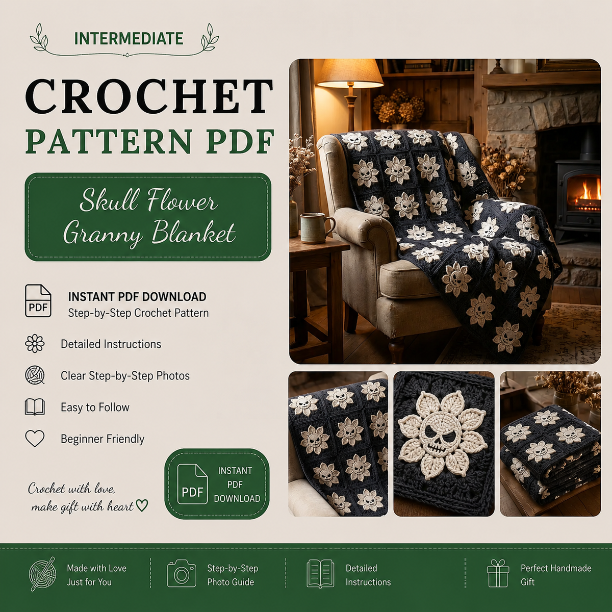 Skull Flower Granny Square Crochet Pattern PDF, Gothic Blanket Motif, Halloween Crochet Decor, Spooky Floral Square Instant Download