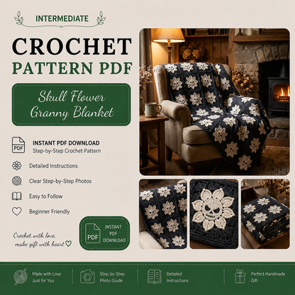 Skull Flower Granny Square Crochet Pattern PDF, Gothic Blanket Motif, Halloween Crochet Decor, Spooky Floral Square Instant Download