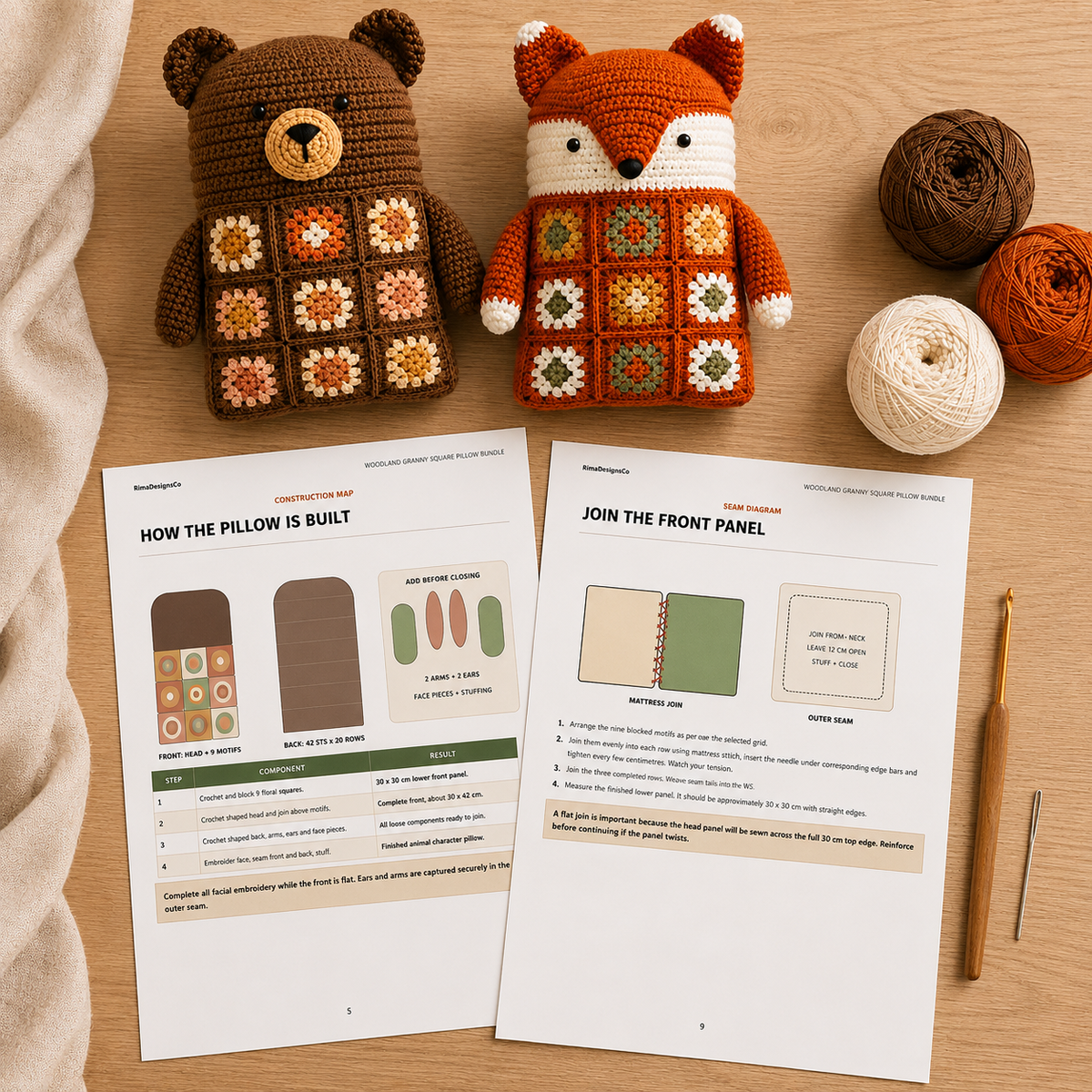 4 in 1 Woodland Animal Granny Square Pillow Crochet Pattern PDF | Bear Fox Cat Bunny Crochet Cushion |  Amigurumi Pillow Pattern Bundle