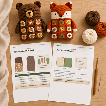 4 in 1 Woodland Animal Granny Square Pillow Crochet Pattern PDF | Bear Fox Cat Bunny Crochet Cushion |  Amigurumi Pillow Pattern Bundle
