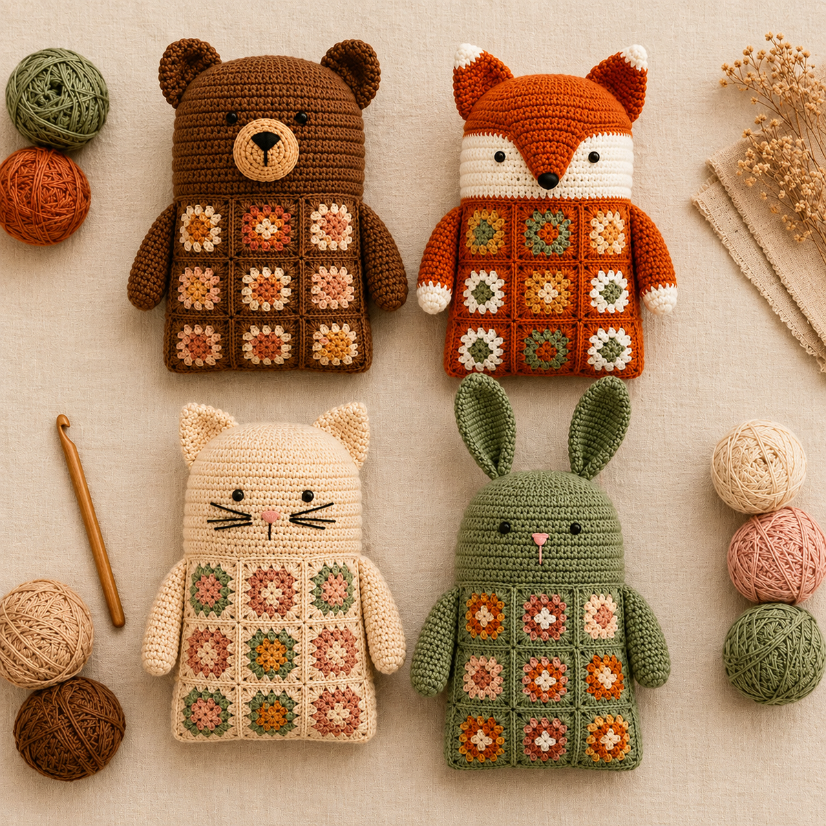 4 in 1 Woodland Animal Granny Square Pillow Crochet Pattern PDF | Bear Fox Cat Bunny Crochet Cushion |  Amigurumi Pillow Pattern Bundle