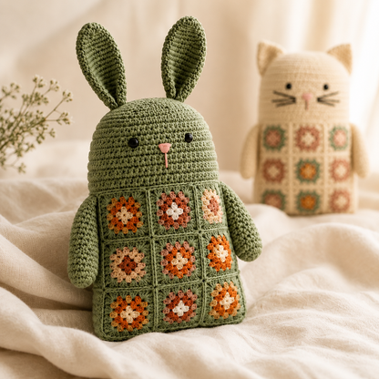 4 in 1 Woodland Animal Granny Square Pillow Crochet Pattern PDF | Bear Fox Cat Bunny Crochet Cushion |  Amigurumi Pillow Pattern Bundle