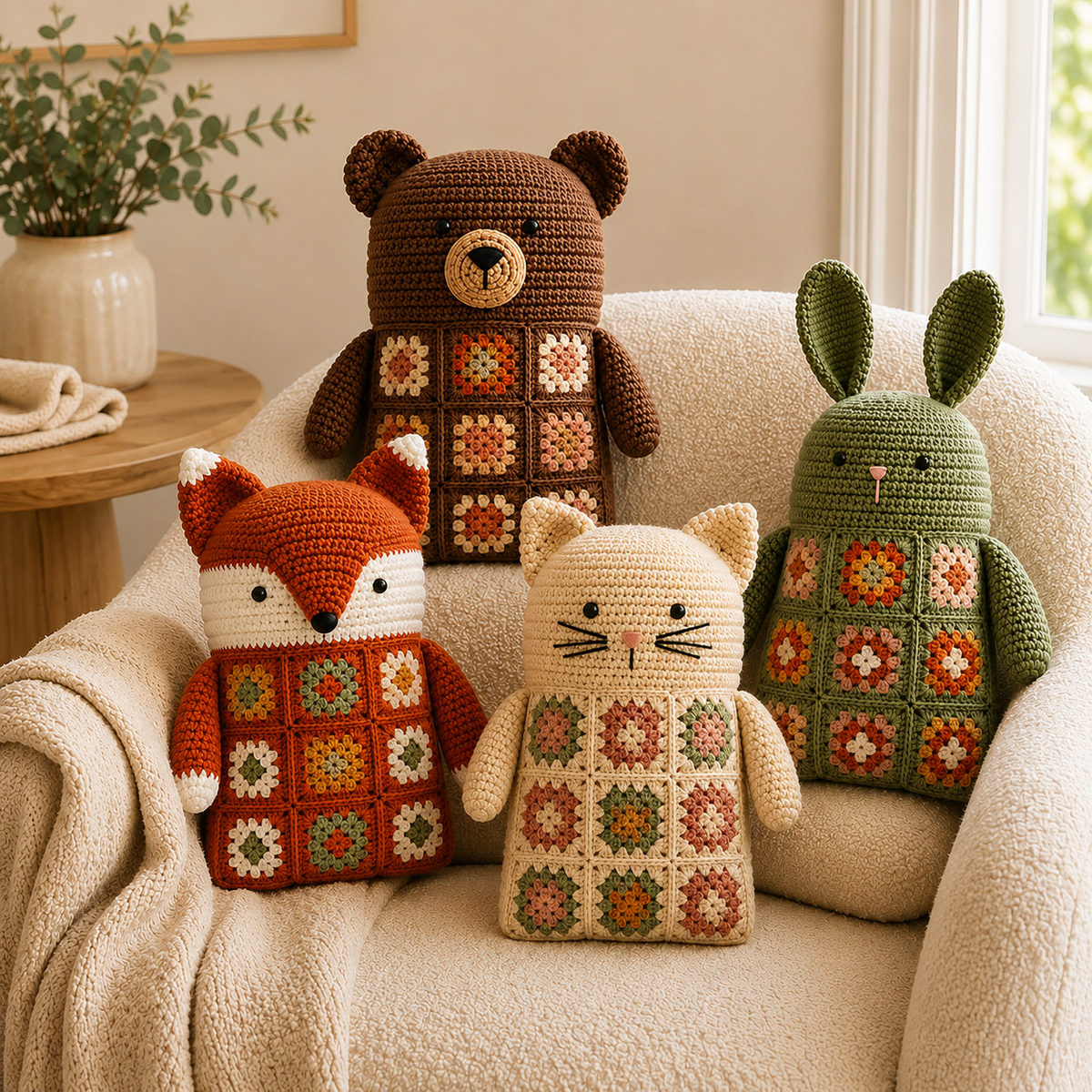 4 in 1 Woodland Animal Granny Square Pillow Crochet Pattern PDF | Bear Fox Cat Bunny Crochet Cushion |  Amigurumi Pillow Pattern Bundle
