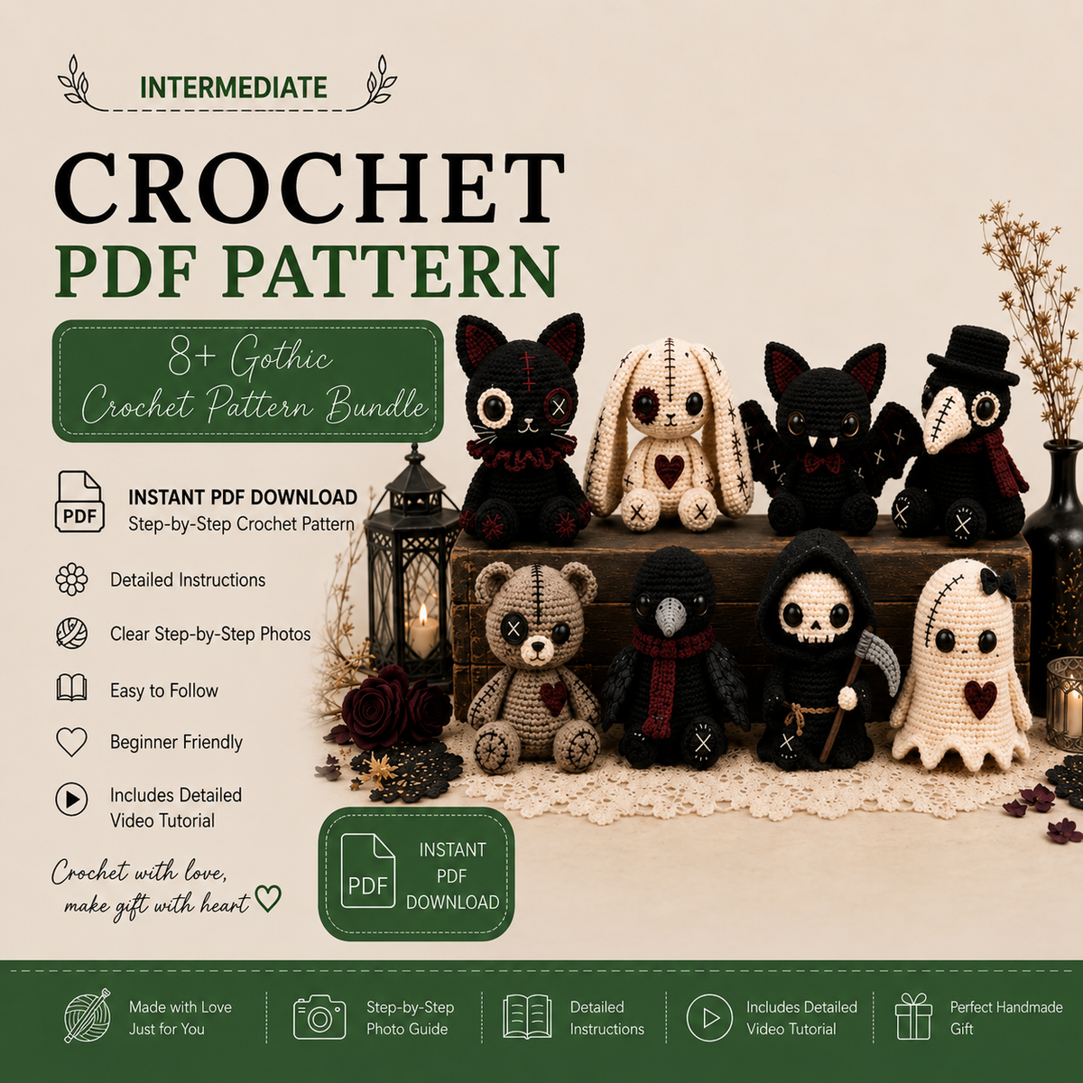 8 Gothic Dolls Crochet Pattern Bundle PDF | Spooky Amigurumi Characters | Halloween Crochet Doll Patterns | Gothic Plushies Digital Download