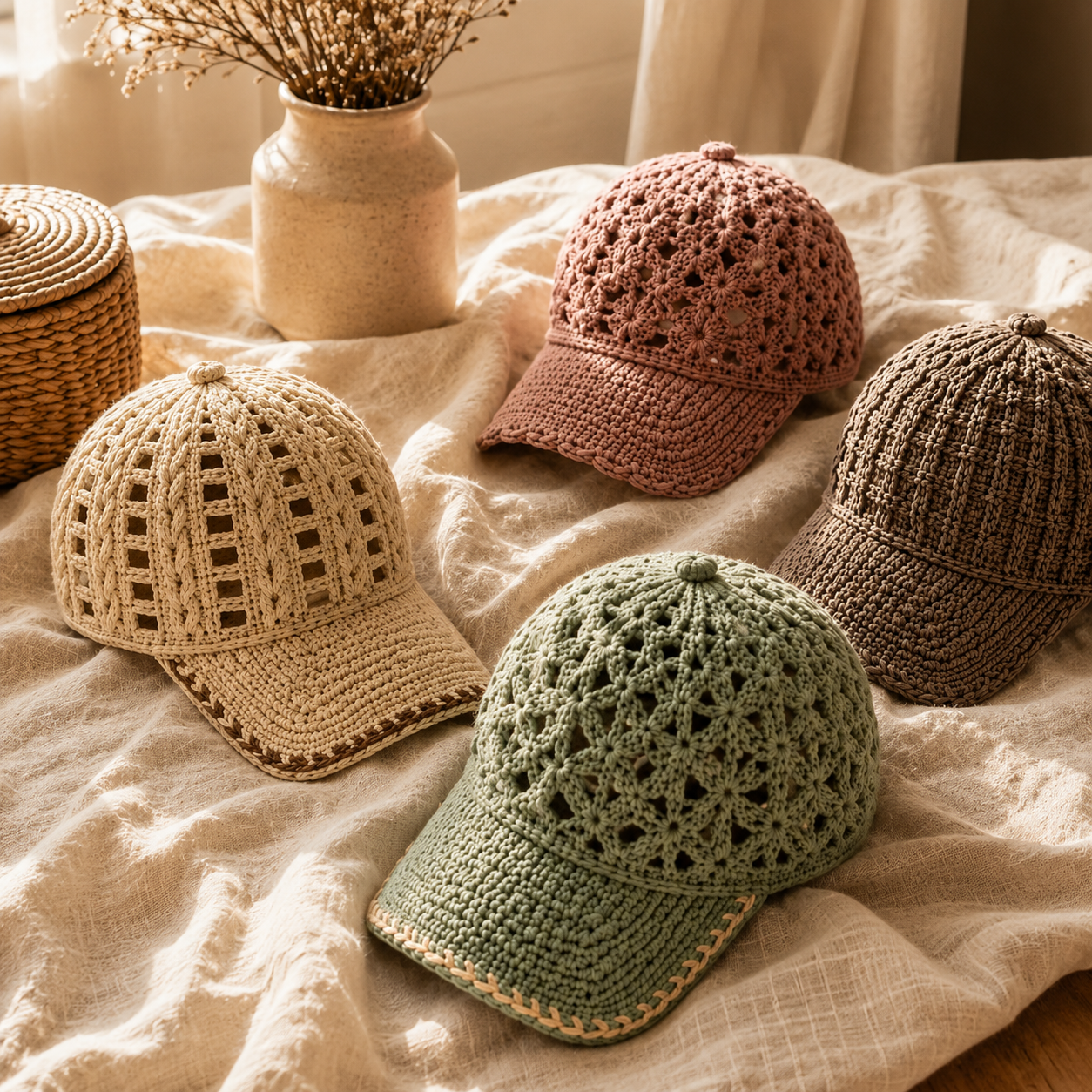 12-in-1 Crochet Cap Patterns Bundle PDF – Stylish Summer Baseball Hats | Digital Download with Step-by-Step Video Tutorial