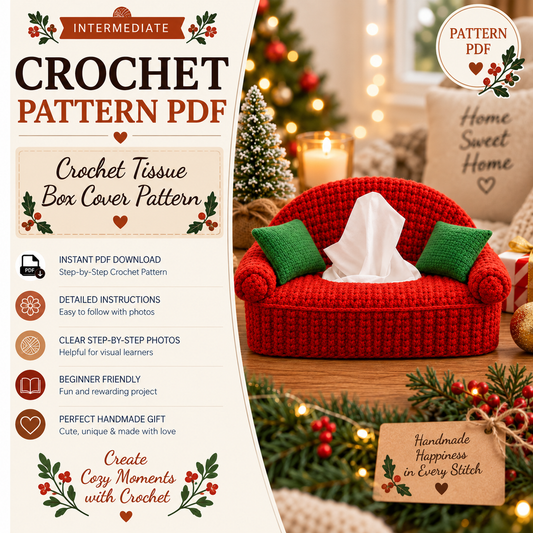 Crochet Tissue Box Cover Pattern PDF | Mini Sofa Tissue Holder Crochet Pattern | Christmas Couch Tissue Box Cozy | Cute Home Decor | 4 Languages