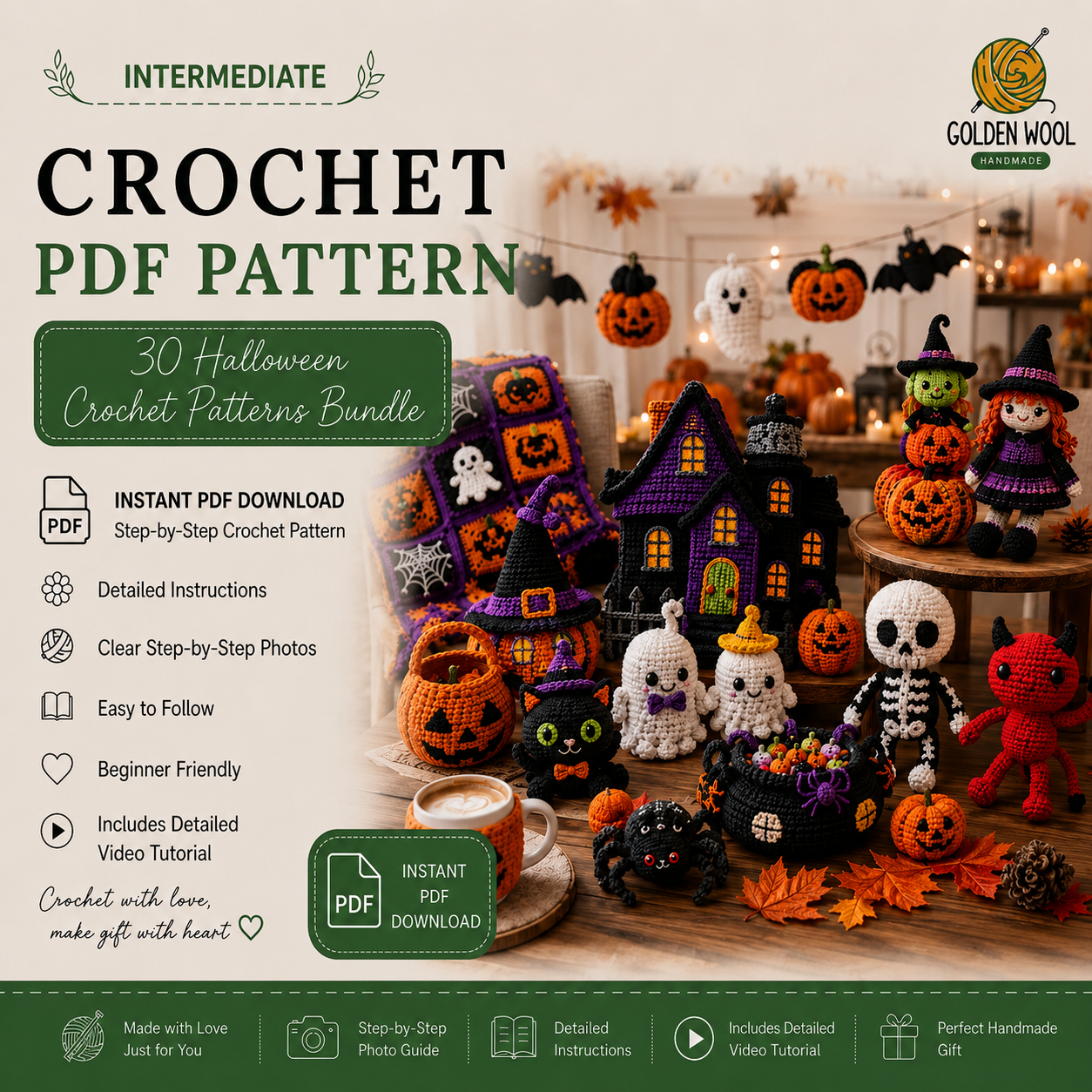 30 Halloween Crochet Patterns Bundle PDF | Ghosts, Pumpkins, Witches, Bats & Spooky Amigurumi | Beginner Friendly | Instant Download