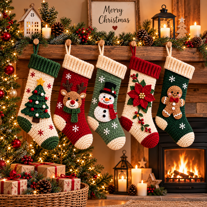 5 in 1 Christmas Stocking Crochet Pattern PDF, Tree Reindeer Snowman Poinsettia Gingerbread Stocking, Holiday Decor Pattern Bundle