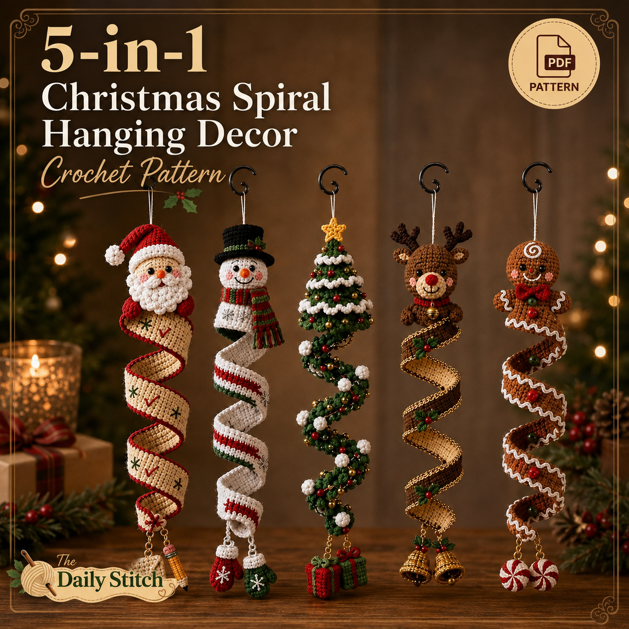 Christmas Spiral Ornament Crochet Pattern PDF | 5 in 1 Santa Snowman Reindeer Gingerbread Tree | Amigurumi Hanging Decor Digital Download