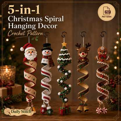 Christmas Spiral Ornament Crochet Pattern PDF | 5 in 1 Santa Snowman Reindeer Gingerbread Tree | Amigurumi Hanging Decor Digital Download