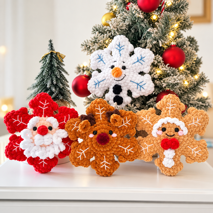 4-in-1 No-Sew Crochet Snowflake Pattern PDF | Santa, Reindeer, Snowman & Gingerbread | Christmas Amigurumi Ornament Pattern