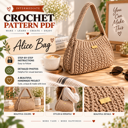 Alice Bag Crochet Pattern PDF + Video Tutorial, Easy Crochet Shoulder Bag Pattern, Textured Handbag, Crochet Purse Digital Download