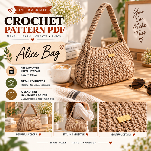 Alice Bag Crochet Pattern PDF + Video Tutorial, Easy Crochet Shoulder Bag Pattern, Textured Handbag, Crochet Purse Digital Download