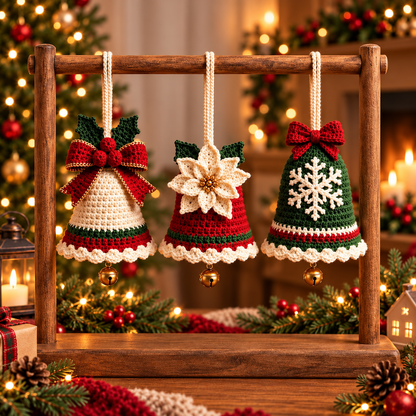 3-in-1 Crochet Christmas Bell Ornament Pattern PDF | Christmas Tree Decorations | Poinsettia, Snowflake & Bow Bell | Holiday Crochet Pattern
