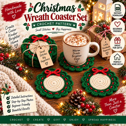 Christmas Wreath Coaster Crochet Pattern PDF, Holiday Table Decor, Christmas Crochet Coaster, Festive Mug Mat, Beginner Crochet Pattern