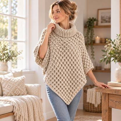 Crochet Turtleneck Poncho Pattern PDF + Video Tutorial, Chunky Textured Poncho, Cozy Women's Crochet Cape, Fall Winter Crochet Pattern