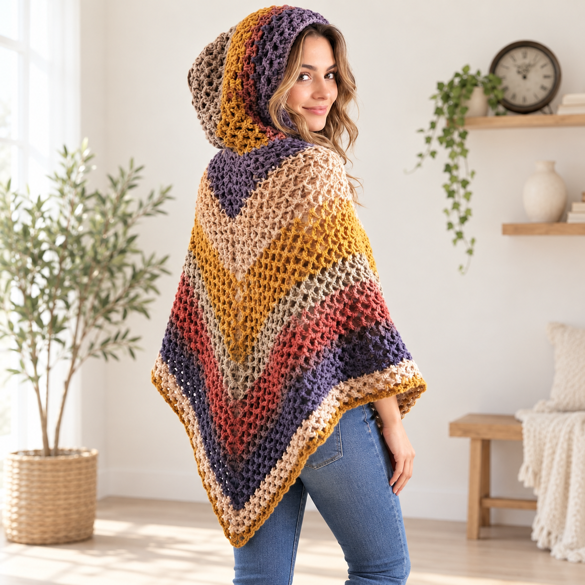 Crochet Hooded Poncho Pattern PDF + Video Tutorial, Autumn Leaves Poncho Crochet Pattern, Women’s Boho Poncho, Fall Crochet Clothing