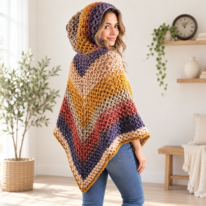 Crochet Hooded Poncho Pattern PDF + Video Tutorial, Autumn Leaves Poncho Crochet Pattern, Women’s Boho Poncho, Fall Crochet Clothing
