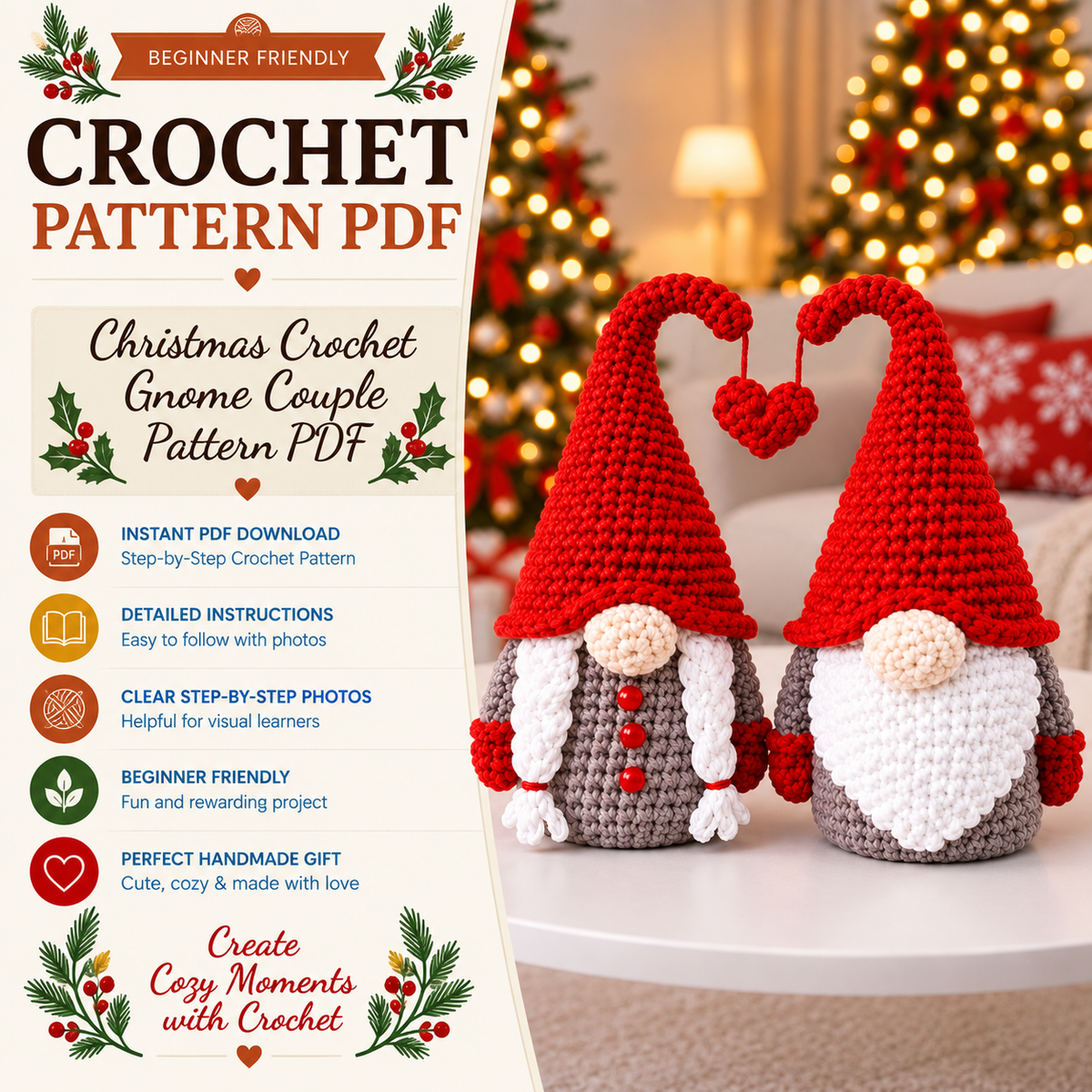 Christmas Crochet Gnome Couple Pattern PDF | 2-in-1 Scandinavian Gnome Amigurumi | Holiday Christmas Decor | 4 Languages
