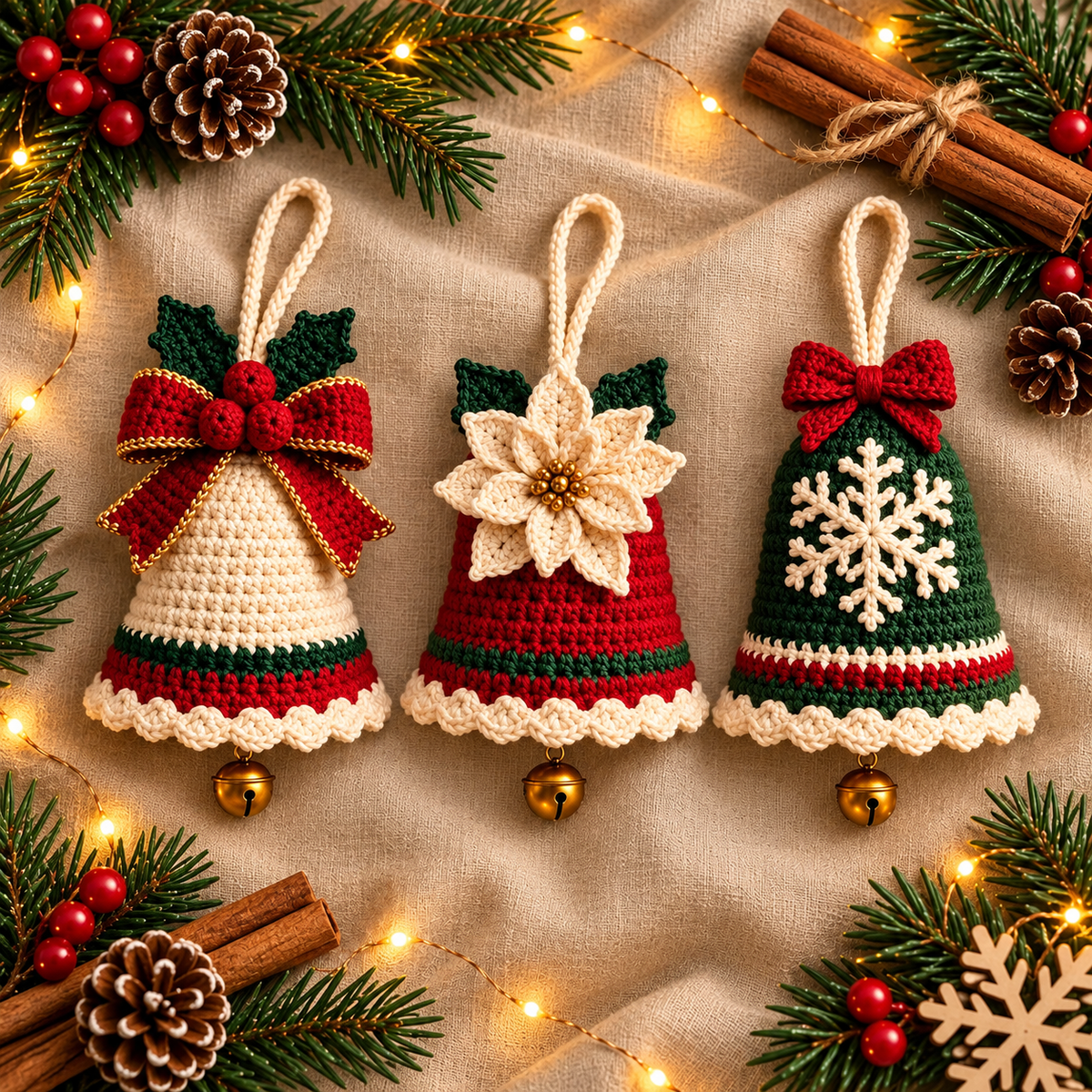 3-in-1 Crochet Christmas Bell Ornament Pattern PDF | Christmas Tree Decorations | Poinsettia, Snowflake & Bow Bell | Holiday Crochet Pattern
